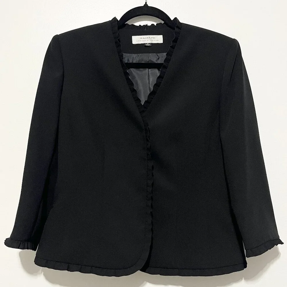 Tahari Arthur S Levine Womens Ruffle Blazer 6 Black Corporate Goth Professional